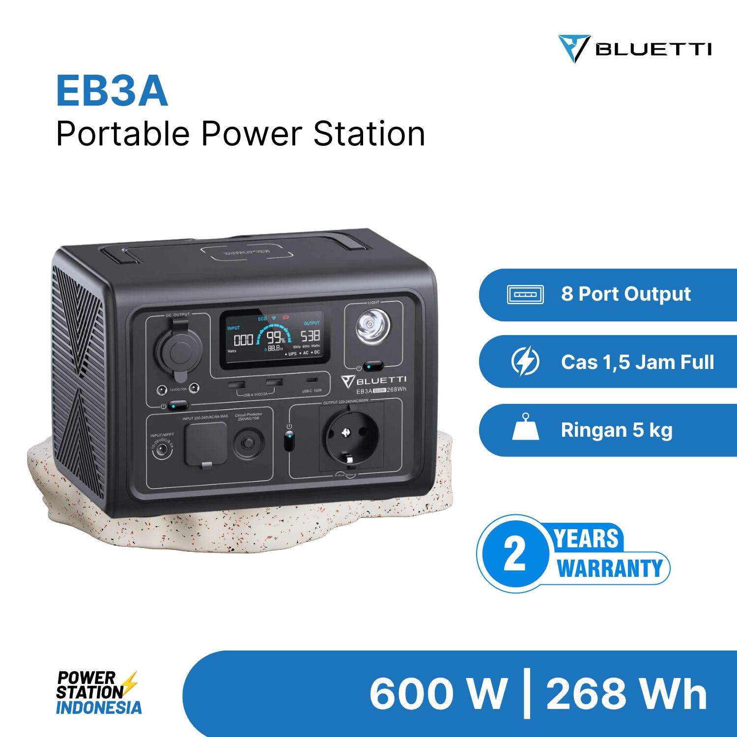 Bluetti EB3A - 600W | 268 Wh Bluetti EB3A adalah portable power station yang dikenal karena ukurannya yang kompak dan serbaguna, menjadikannya pilihan populer untuk kegiatan berkemah, aktivitas luar ruangan, dan sebagai sumber daya cadangan saat darurat.