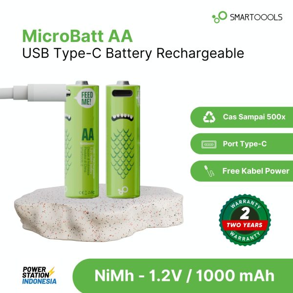 Smartoools MicroBatt AA - Baterai isi ulang dengan port USB Type-C yang bisa dicas sampai 500 kali