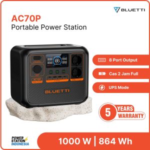 Power Station Portable Bluetti AC70P memiliki kelebihan berupa dukungan daya 1000W dan memiliki fitur Power Lifting Mode hingga daya 2000W. Memiliki mode UPS yang dapat digunakan untuk backup perangkat elektronik darurat. Selain itu mendukung fast charging 45 menit dari 0-80%.