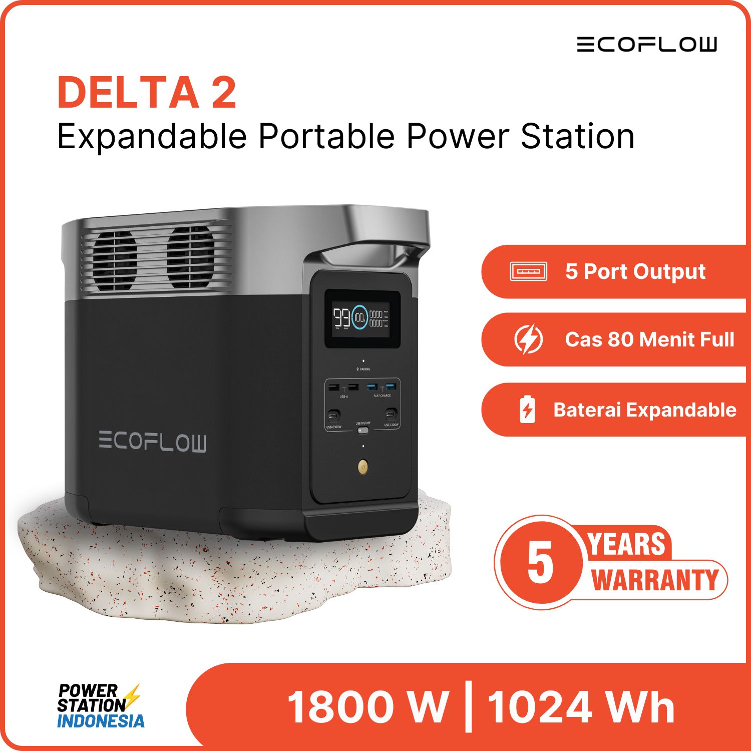 3 EcoFlow Delta 2 adalah expandable power station portable yang ringkas namun bertenaga, ideal untuk keperluan outdoor, darurat, atau penggunaan sehari-hari.