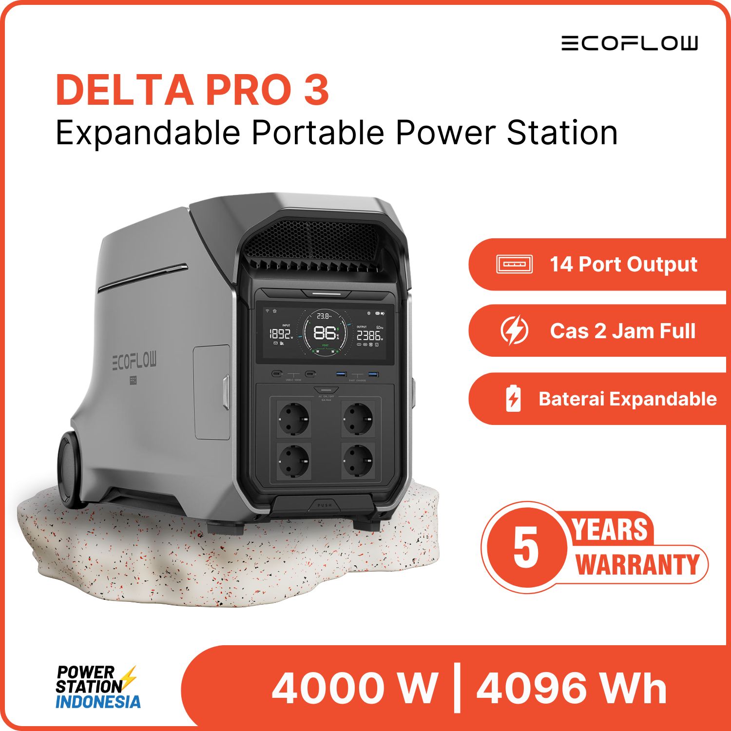 3 EcoFlow Delta Pro 3 adalah expandable power station portable yang ringkas namun bertenaga, ideal untuk keperluan outdoor, darurat, atau penggunaan sehari-hari.