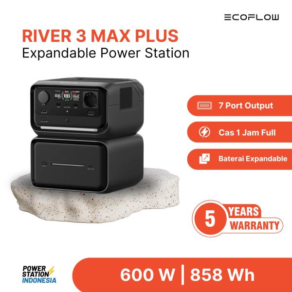 EcoFlow River 3 Max Plus adalah portable power station dengan output 600W dan baterai 858Wh.