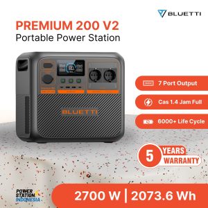 Power Station Bluetti Premium 200 V2 memiliki output 2700 Watt dengan kapasitas baterai 2073.6 Wh