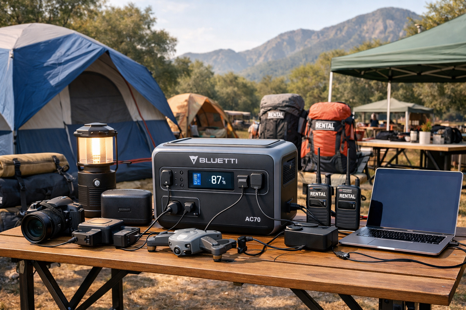 Power station BLUETTI AC70 digunakan untuk operasional bisnis rental alat outdoor, menyalakan lampu camping, mengisi daya laptop, kamera, drone, dan handy talky di area camping tanpa listrik permanen.