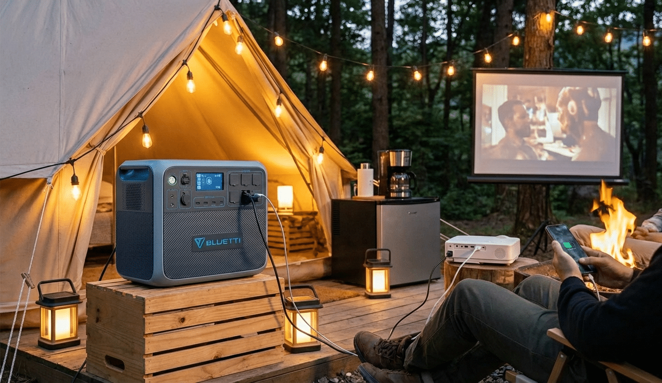 Bluetti Portable Power Station digunakan untuk menyalakan lampu dan peralatan elektronik saat aktivitas glamping outdoor